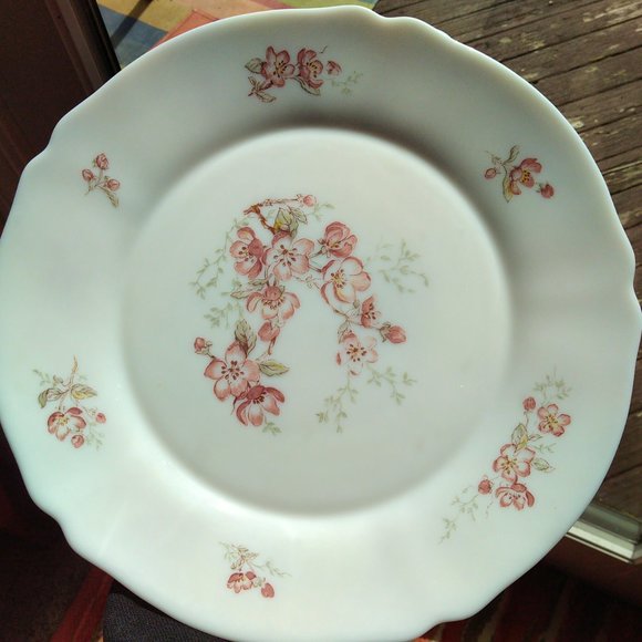Vintage 4 9 1970 4pc FRANCE dining Milk glass Arcopal Florentine Plate Bowl pink, white Vtg!